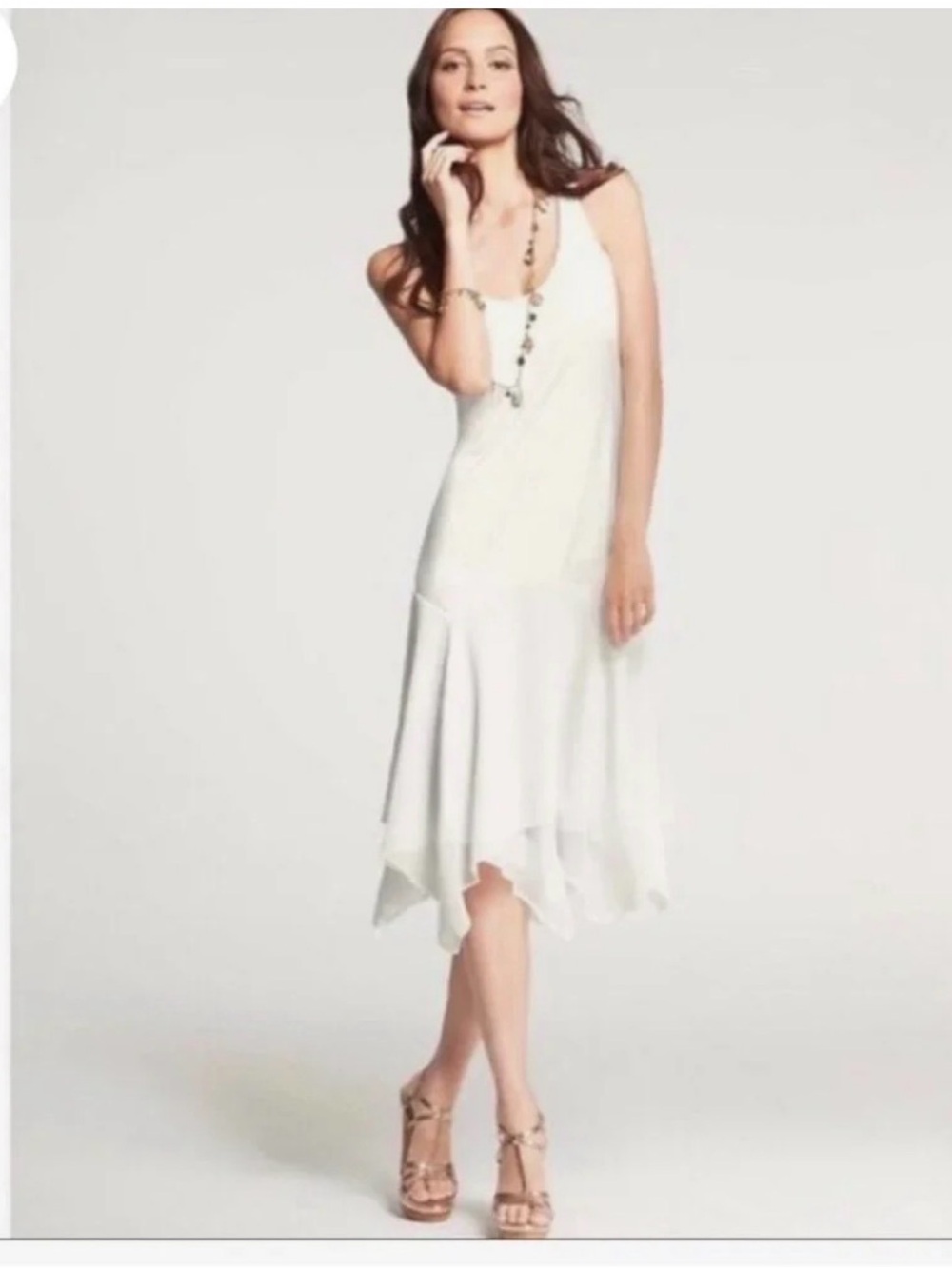 Ann Taylor White Sleeveless Handkerchief Hem Midi Dress